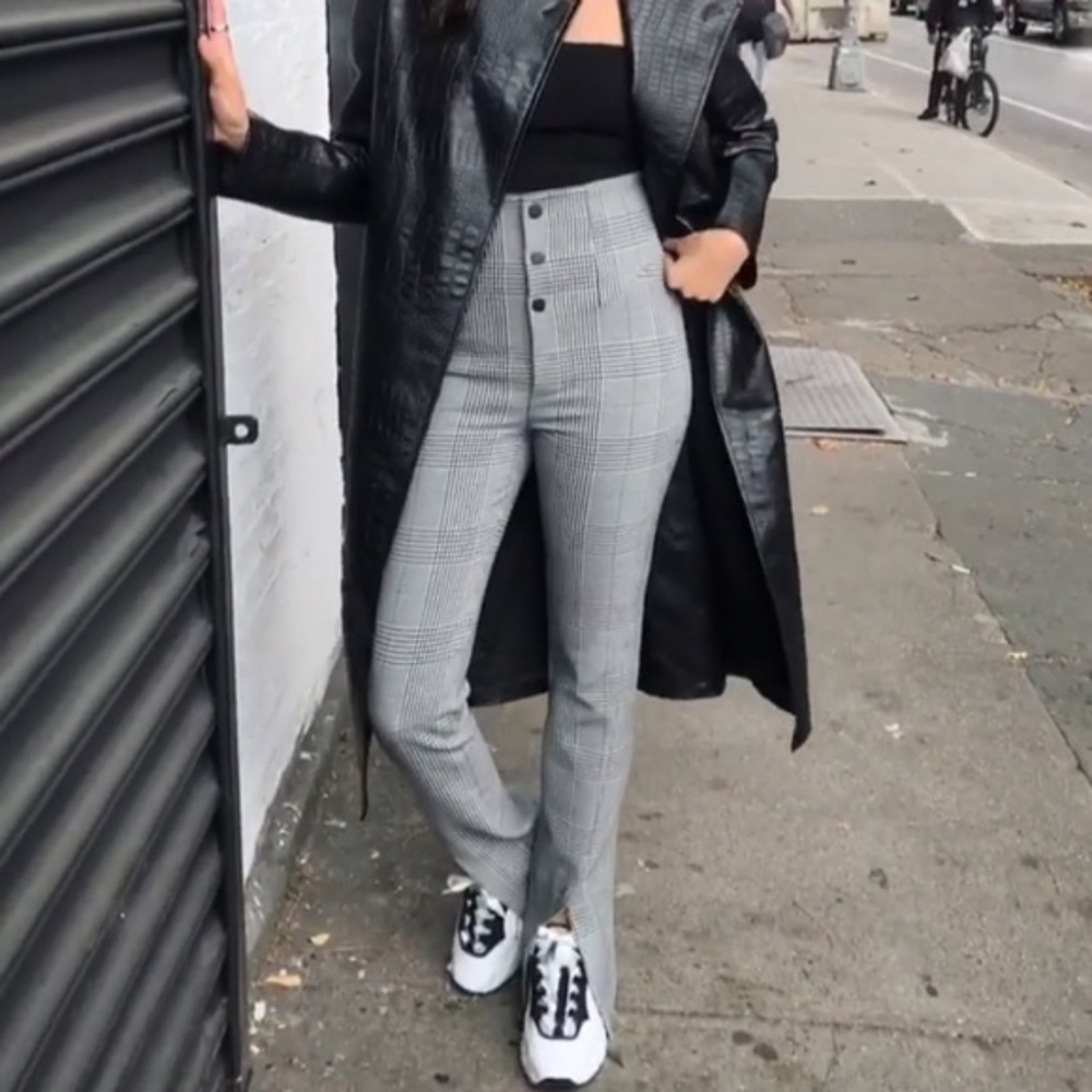 Zara Plaid Checker High Waisted Pants w/ Split Hem